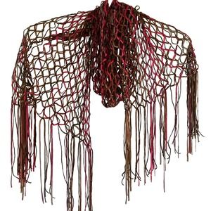 Crochet Style Mesh Net Scarf Burgundy Brown Red Colors Fringed Long 58"